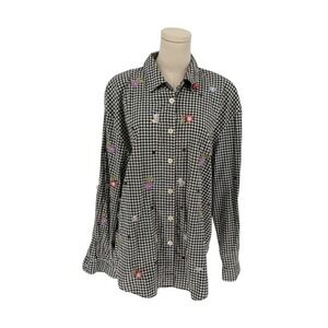 Vintage Teddi Button Down Shirt Black White Gingham Embroidered Bees Flowers XL